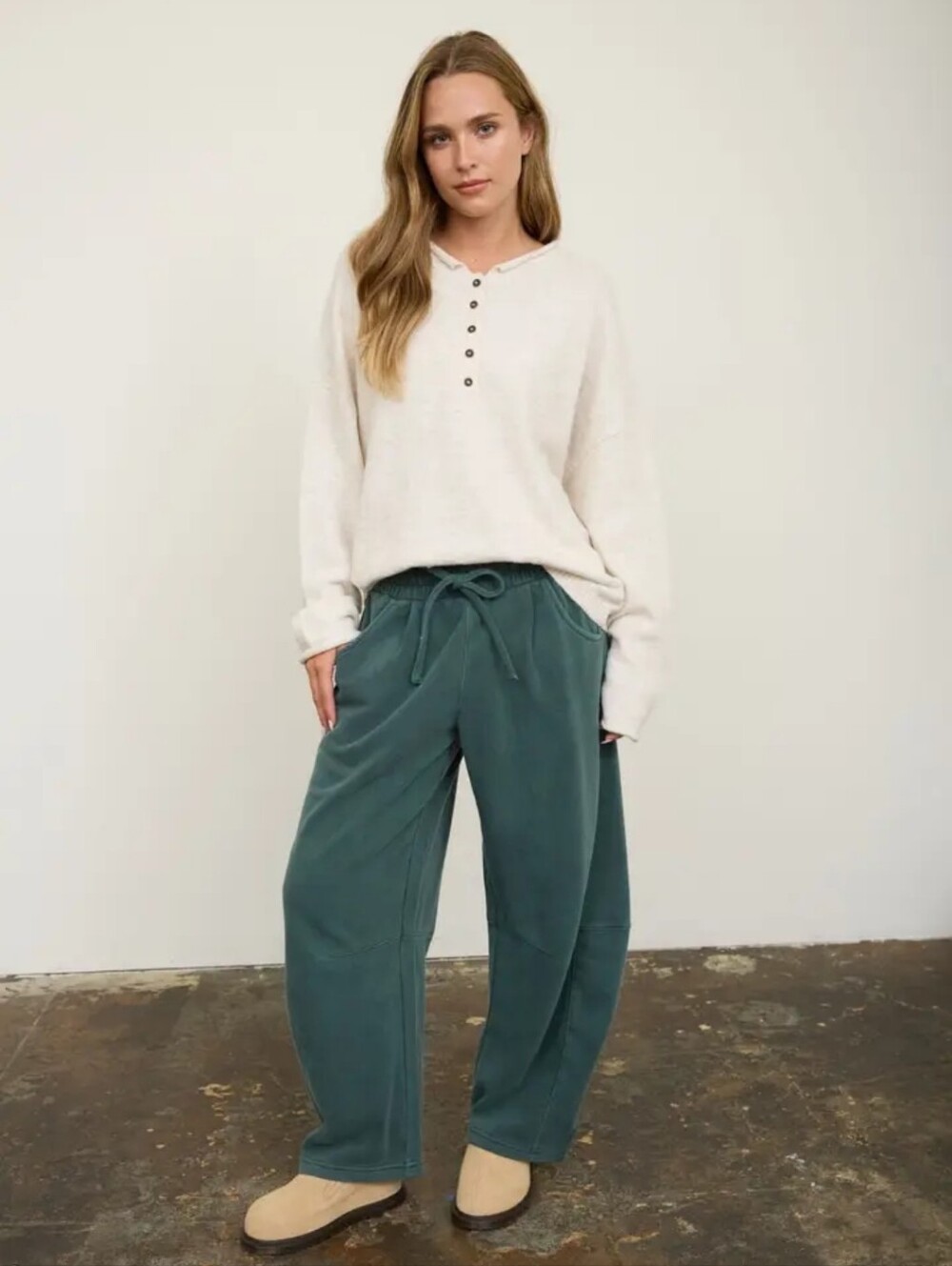 J.O.A. Wide-Leg Drawcord Pants in Deep Teal